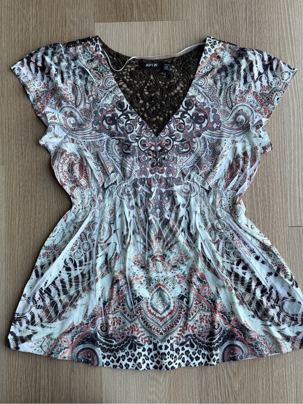 APT. 9 Lace-Detail Printed V-Neck Tunic in Cream, Rust and Black